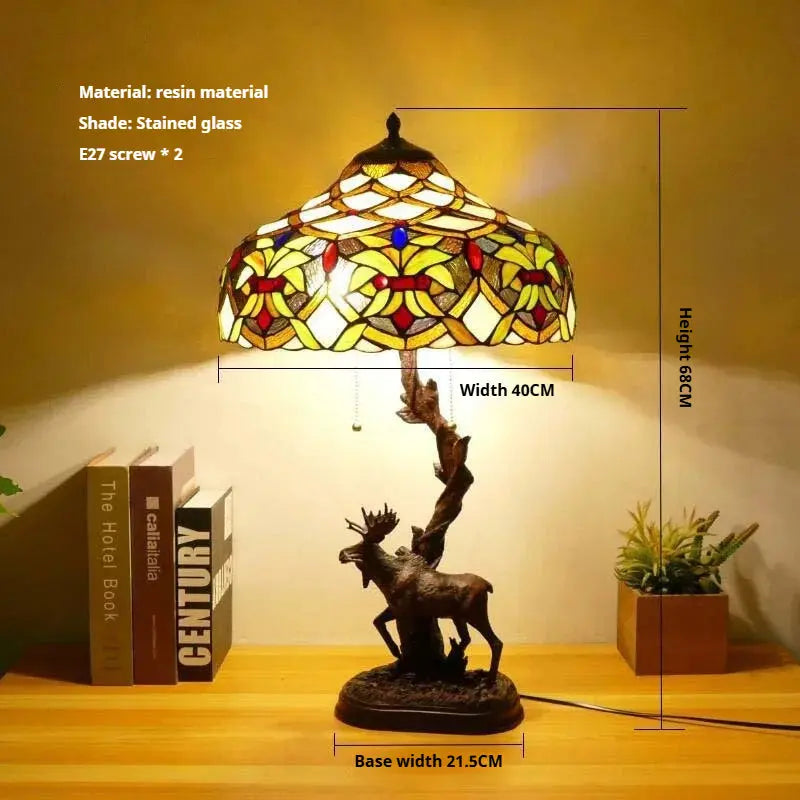 16Inch Stained Glass Rose Floral Lampshade Tiffany Desk Lamp with Deer Base - CTL