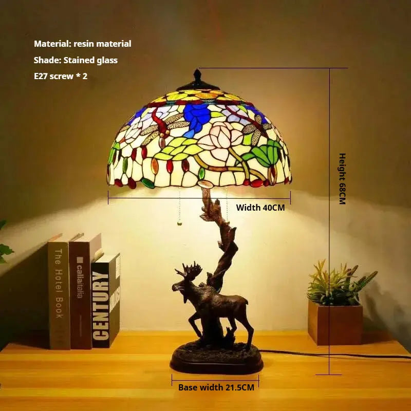 16Inch Stained Glass Rose Floral Lampshade Tiffany Desk Lamp with Deer Base - CTL
