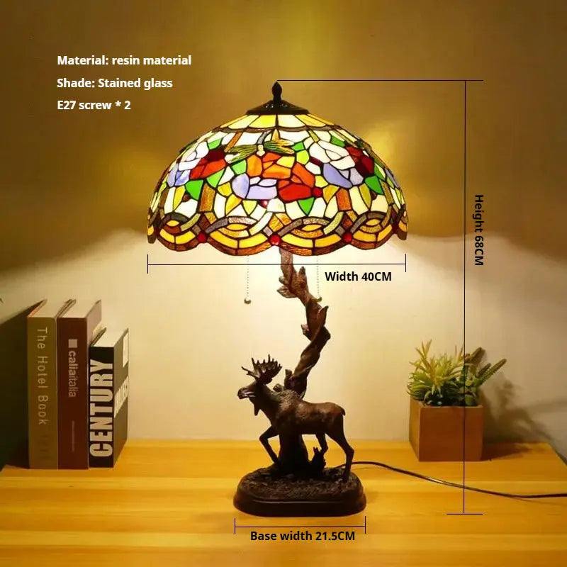 16Inch Stained Glass Rose Floral Lampshade Tiffany Desk Lamp with Deer Base - CTL