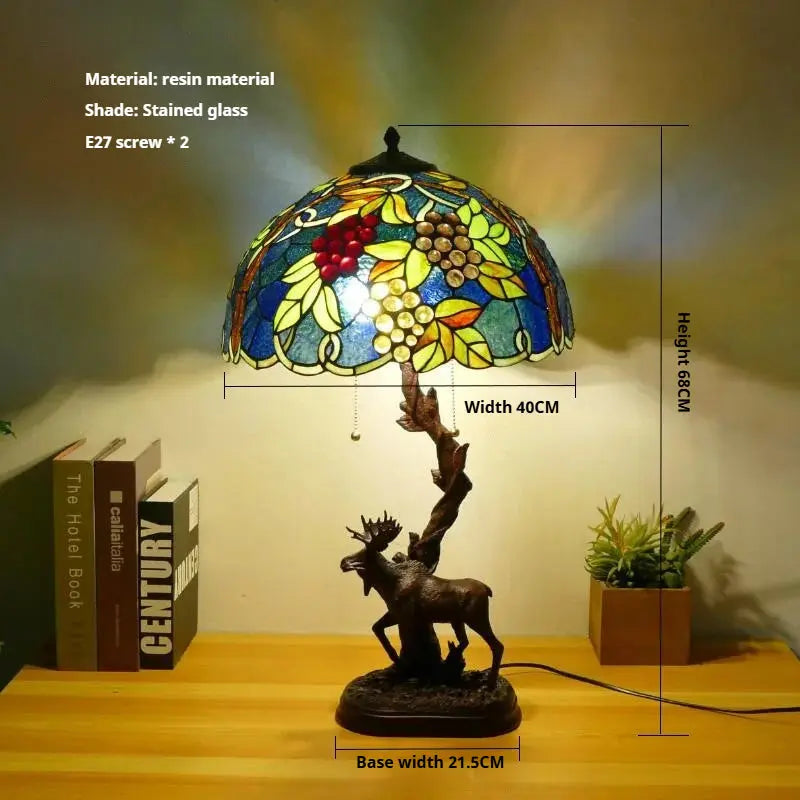 16Inch Stained Glass Rose Floral Lampshade Tiffany Desk Lamp with Deer Base - CTL