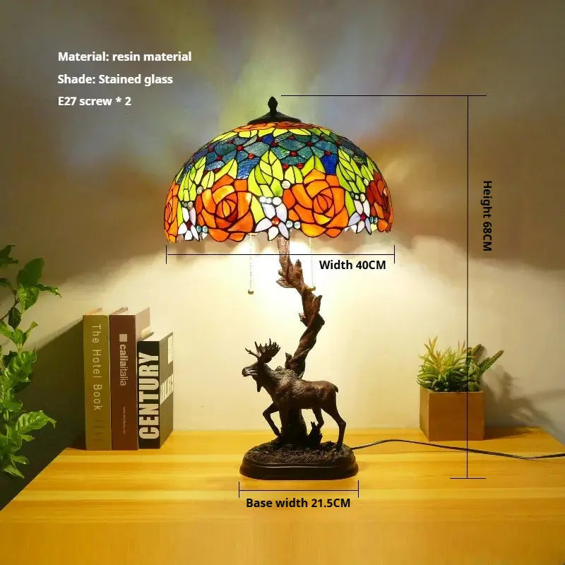 16Inch Stained Glass Rose Floral Lampshade Tiffany Desk Lamp with Deer Base - CTL