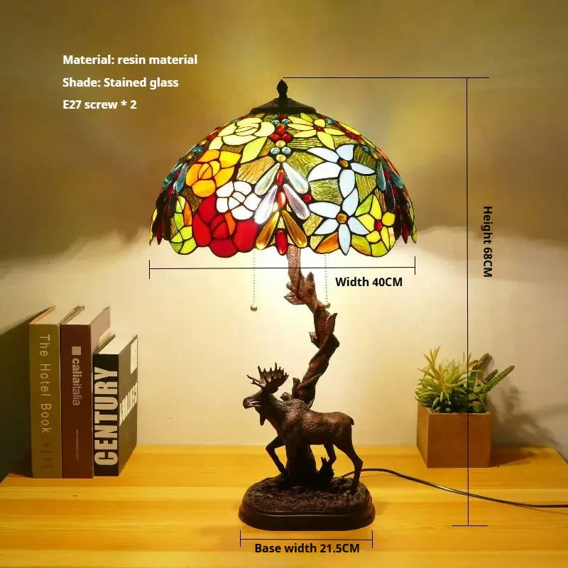 16Inch Stained Glass Rose Floral Lampshade Tiffany Desk Lamp with Deer Base - CTL