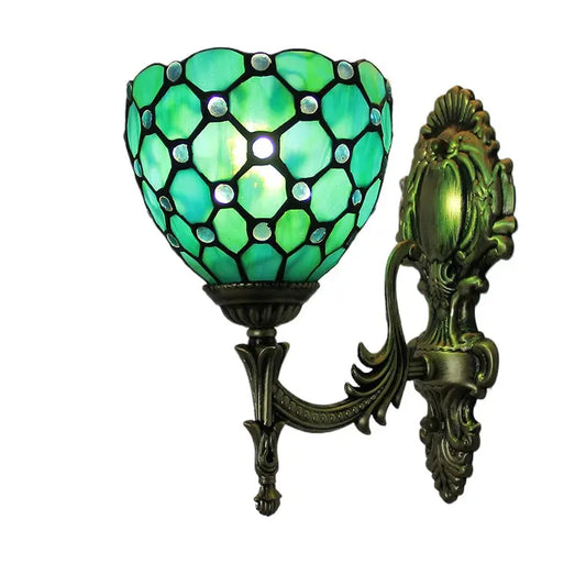 16cm Green Tiffany Lamp Stained Glass Beads Lampshade Antique Wall Sconce - CTL