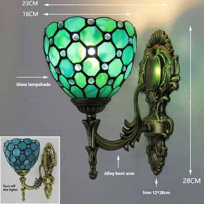 16cm Green Tiffany Lamp Stained Glass Beads Lampshade Antique Wall Sconce - CTL