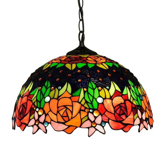 16inch Vintage Stained Glass Rose Flower Tiffany Style Pendant Light - CTL