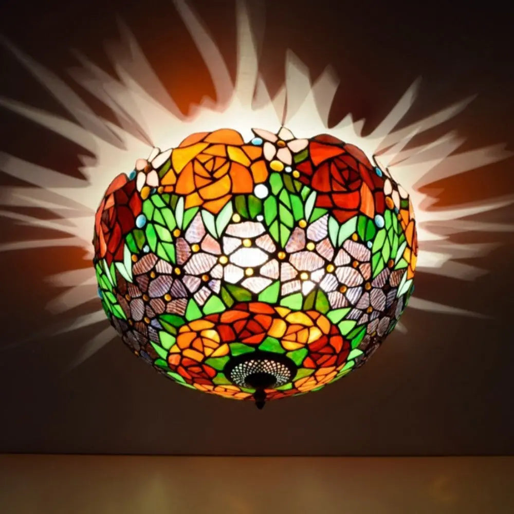 16inch Stained Glass Rose Flower Lampshade Tiffany Style Ceiling Light - CTL