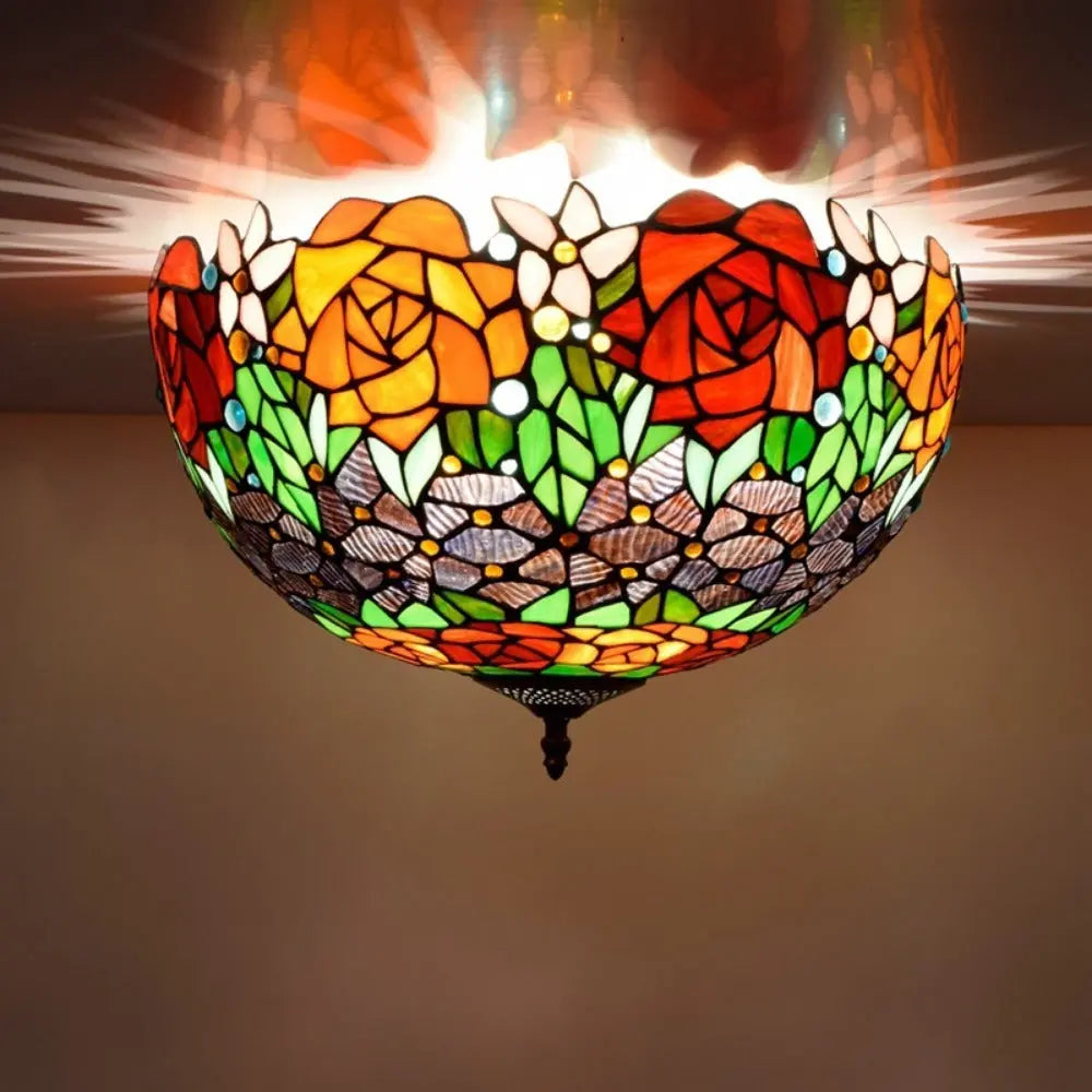 16inch Stained Glass Rose Flower Lampshade Tiffany Style Ceiling Light - CTL