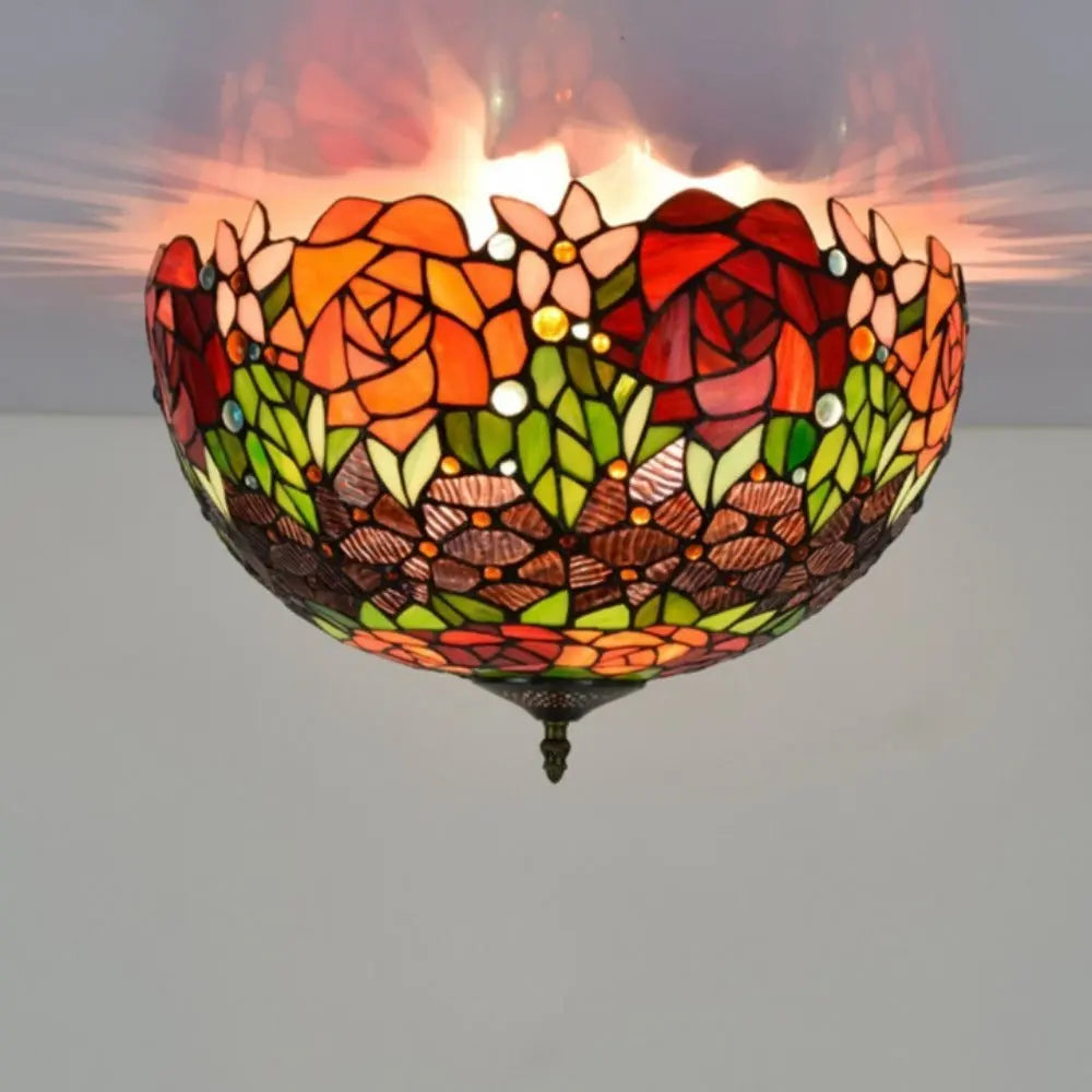 16inch Stained Glass Rose Flower Lampshade Tiffany Style Ceiling Light - CTL