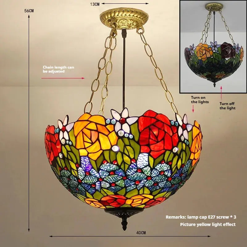 16inch 40cm Stained Glass Pastoral Rose Tiffany Pendant Light Vintage Anti-chandelier - CTL