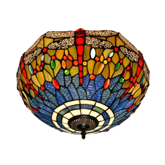 16inch Stained Glass Blue Dragonfly Lampshade Tiffany Style Ceiling Light - CTL