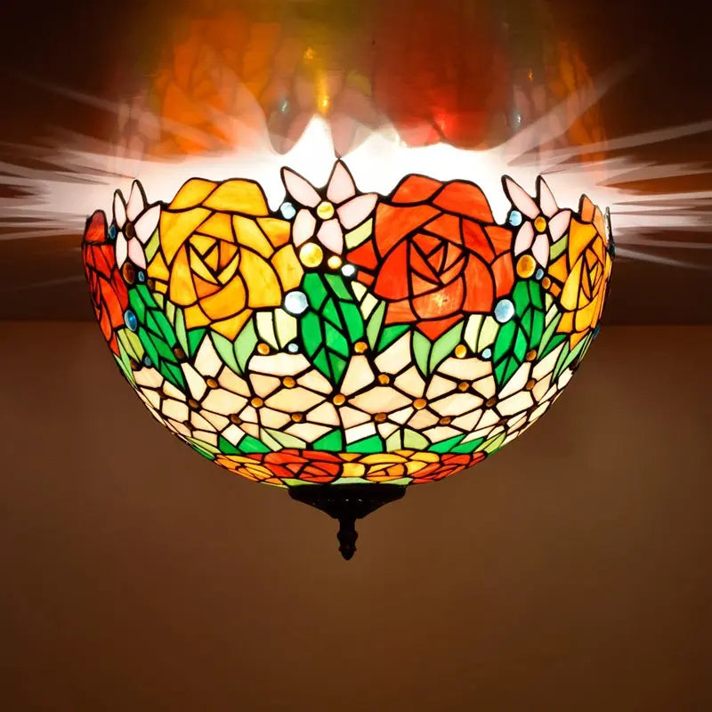 16inch Stained Glass Rose Flower Lampshade Tiffany Style Ceiling Light - CTL