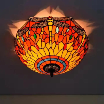 16inch Stained Glass Round Red Dragonfly Tiffany Ceiling Lamps - CTL