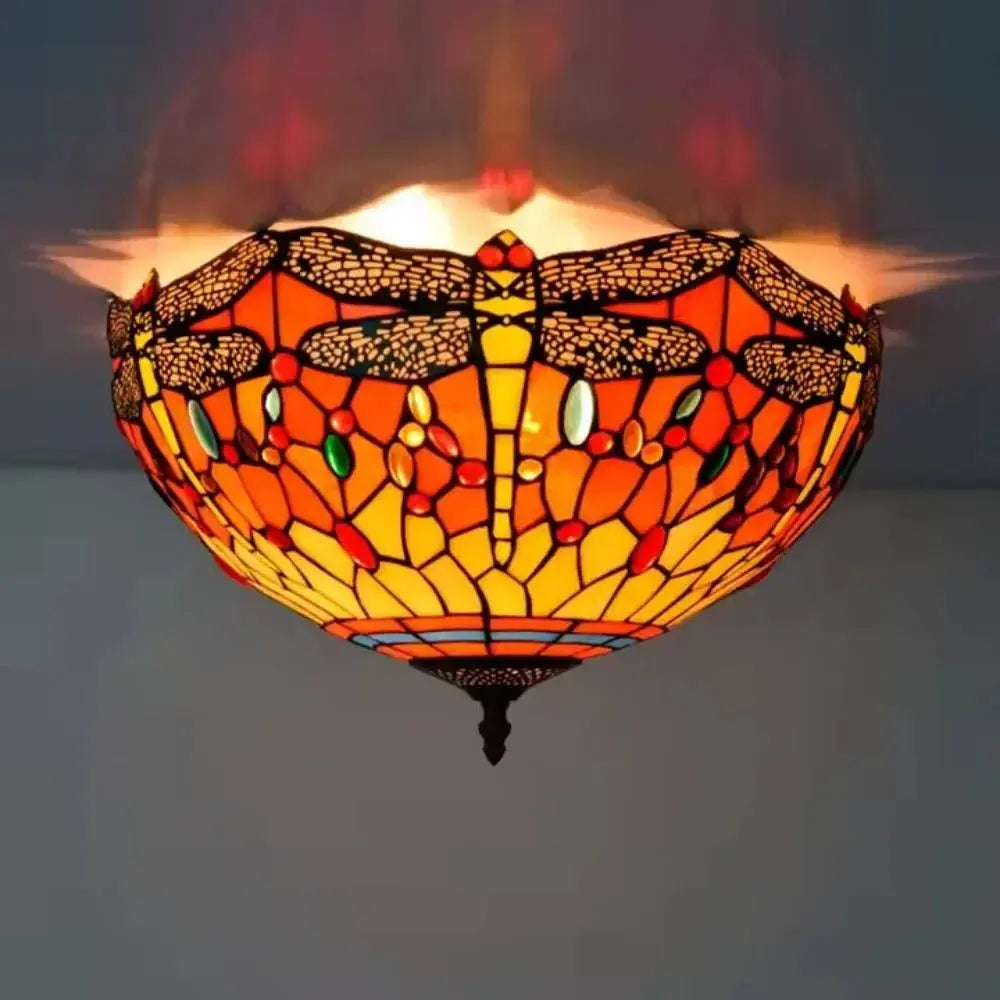 16inch Stained Glass Round Red Dragonfly Tiffany Ceiling Lamps - CTL