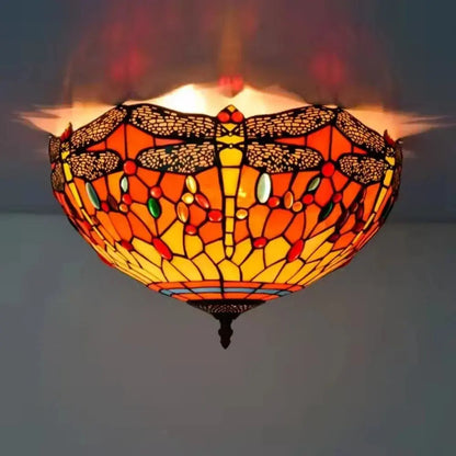 16inch Stained Glass Round Red Dragonfly Tiffany Ceiling Lamps - CTL