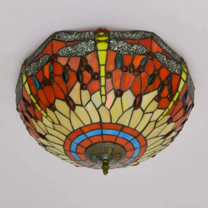 16inch Stained Glass Round Red Dragonfly Tiffany Ceiling Lamps - CTL