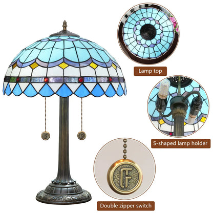 16inch Blue Tiffany Table Lamp Stained Glass Lampshade Bar Bedroom Bedside Light - CTL