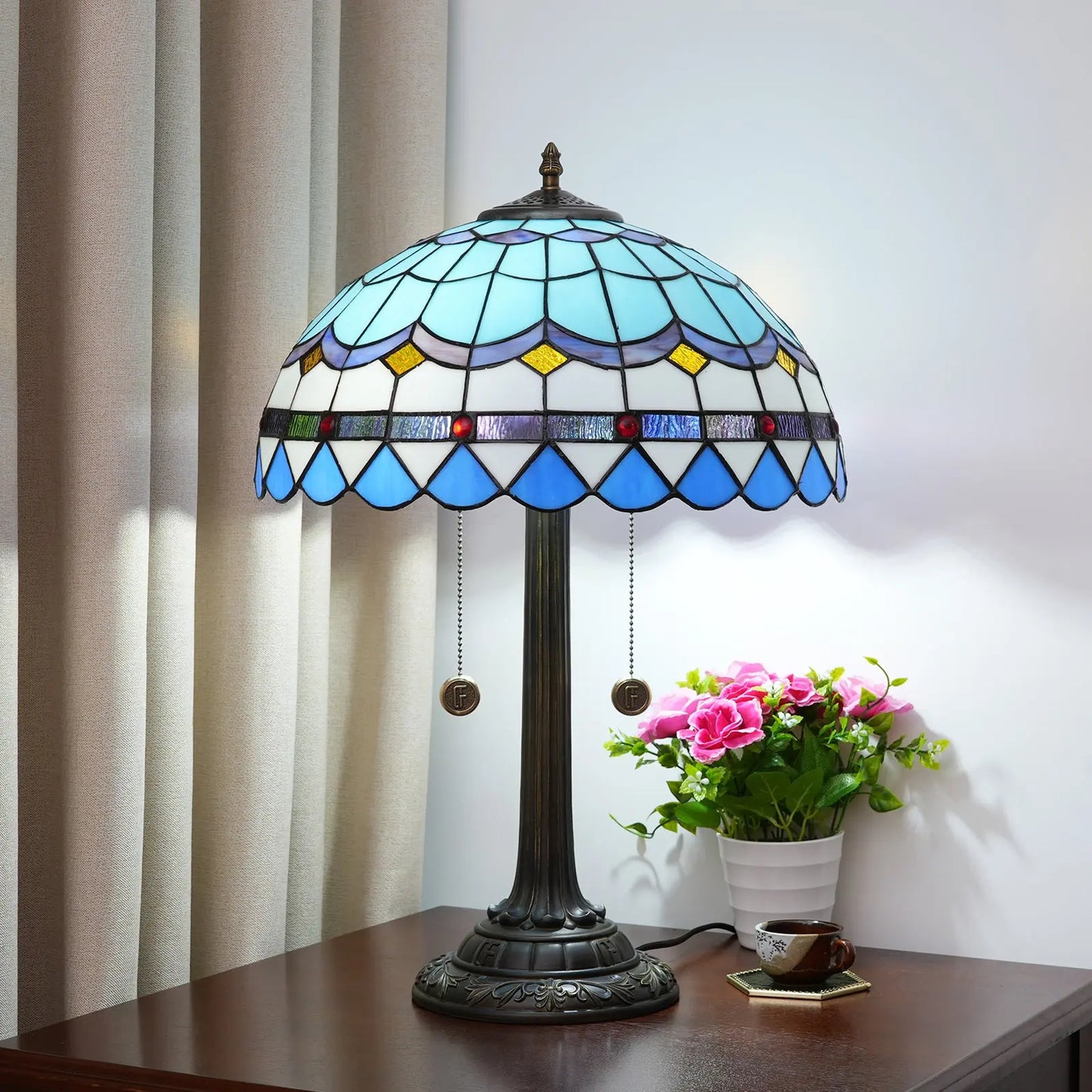 16inch Blue Tiffany Table Lamp Stained Glass Lampshade Bar Bedroom Bedside Light - CTL
