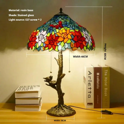 16inch Handmade Stained Glass Bird Floral Lampshade Vintage Tiffany Table Lamp - CTL