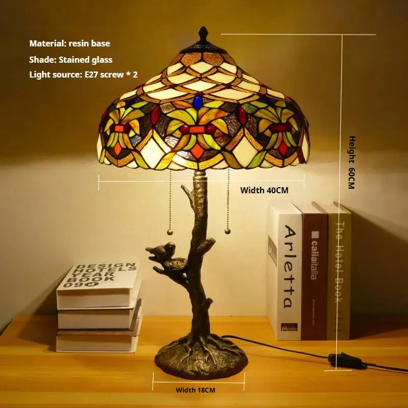 16inch Handmade Stained Glass Bird Floral Lampshade Vintage Tiffany Table Lamp - CTL