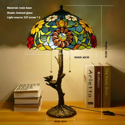 16inch Handmade Stained Glass Bird Floral Lampshade Vintage Tiffany Table Lamp - CTL