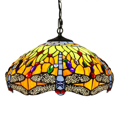 16inch Luxury Stained Glass Pastoral Dragonfly Lampshade Vintage Tiffany Pendant Light - CTL