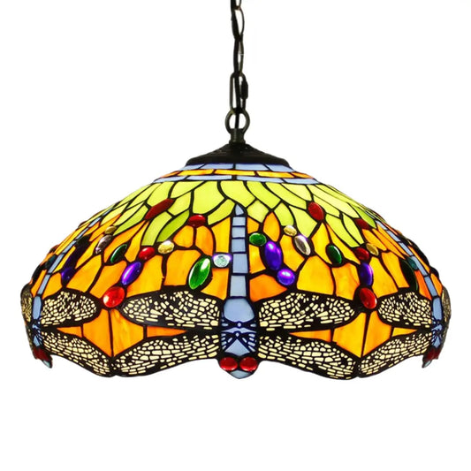 16inch Luxury Stained Glass Pastoral Dragonfly Lampshade Vintage Tiffany Pendant Light - CTL