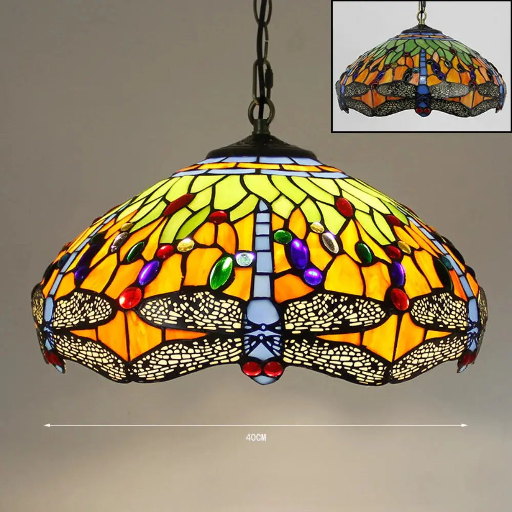16inch Luxury Stained Glass Pastoral Dragonfly Lampshade Vintage Tiffany Pendant Light - CTL