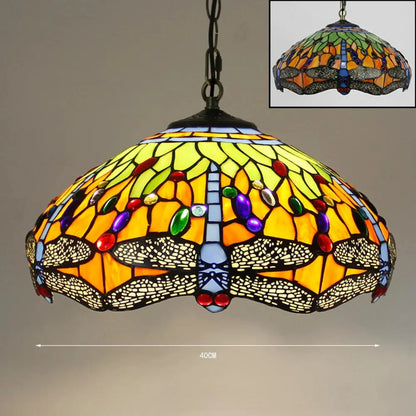 16inch Luxury Stained Glass Pastoral Dragonfly Lampshade Vintage Tiffany Pendant Light - CTL