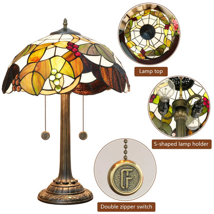 16inch Stained Glass Brown Grapes Lampshade Bedside Light Antique Tiffany Table Lamps - CTL