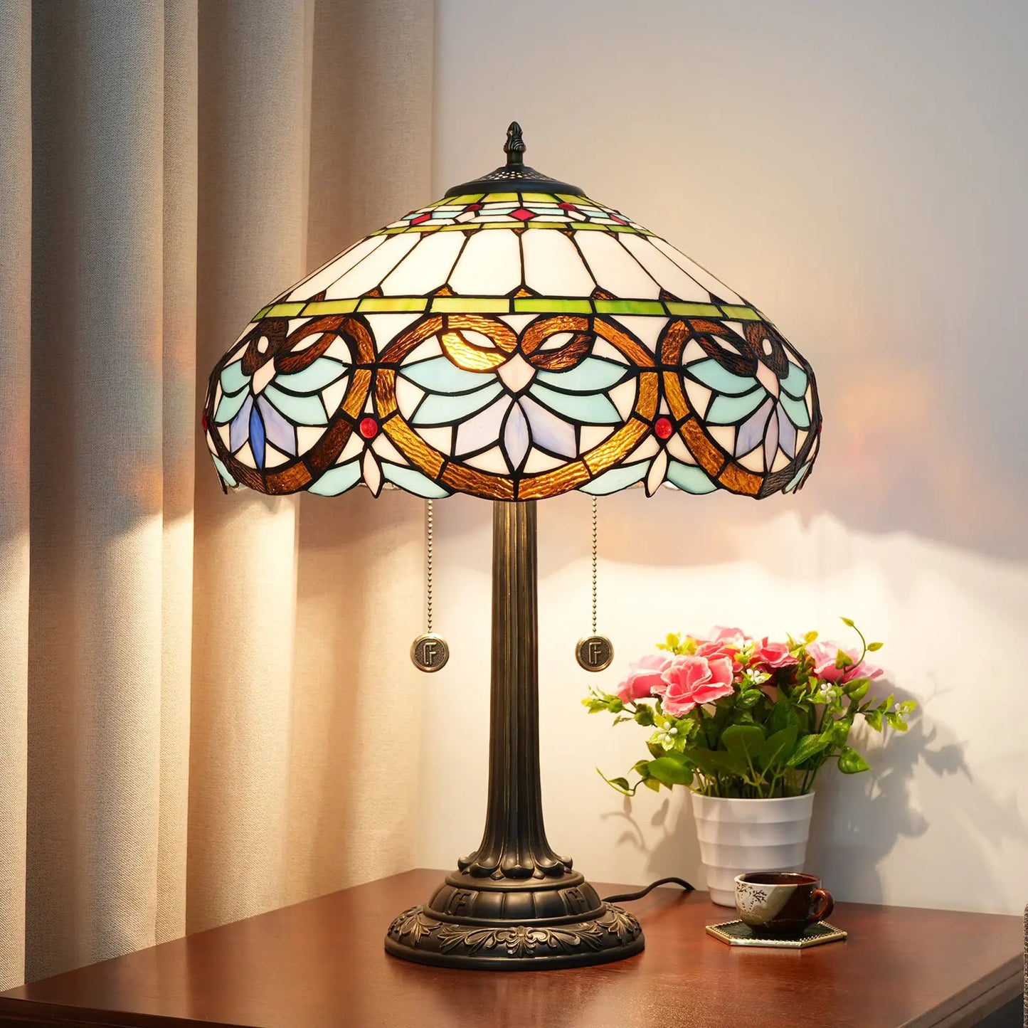 16inch Stained Glass Classical Retro Blue Heart Lampshade Bar Bedroom Bedside Light - CTL
