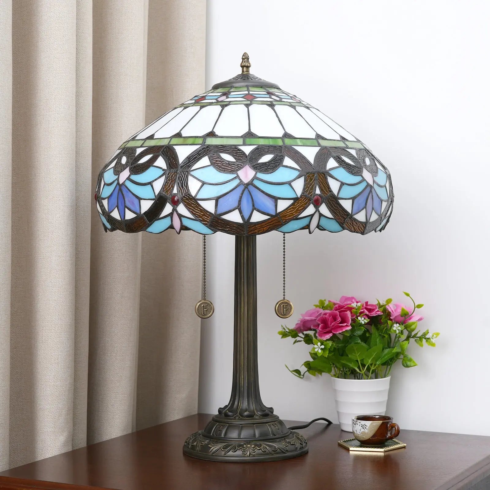 16inch Stained Glass Classical Retro Blue Heart Lampshade Bar Bedroom Bedside Light - CTL