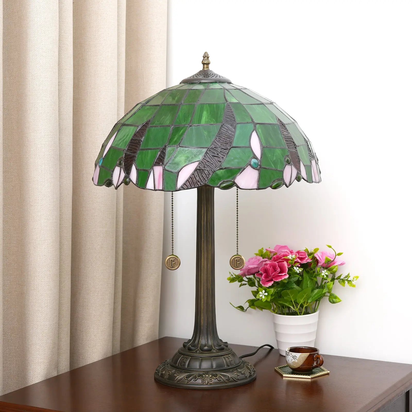16inch Stained Glass Green Beads Lampshade Vintage Tiffany Desk Lamp - CTL