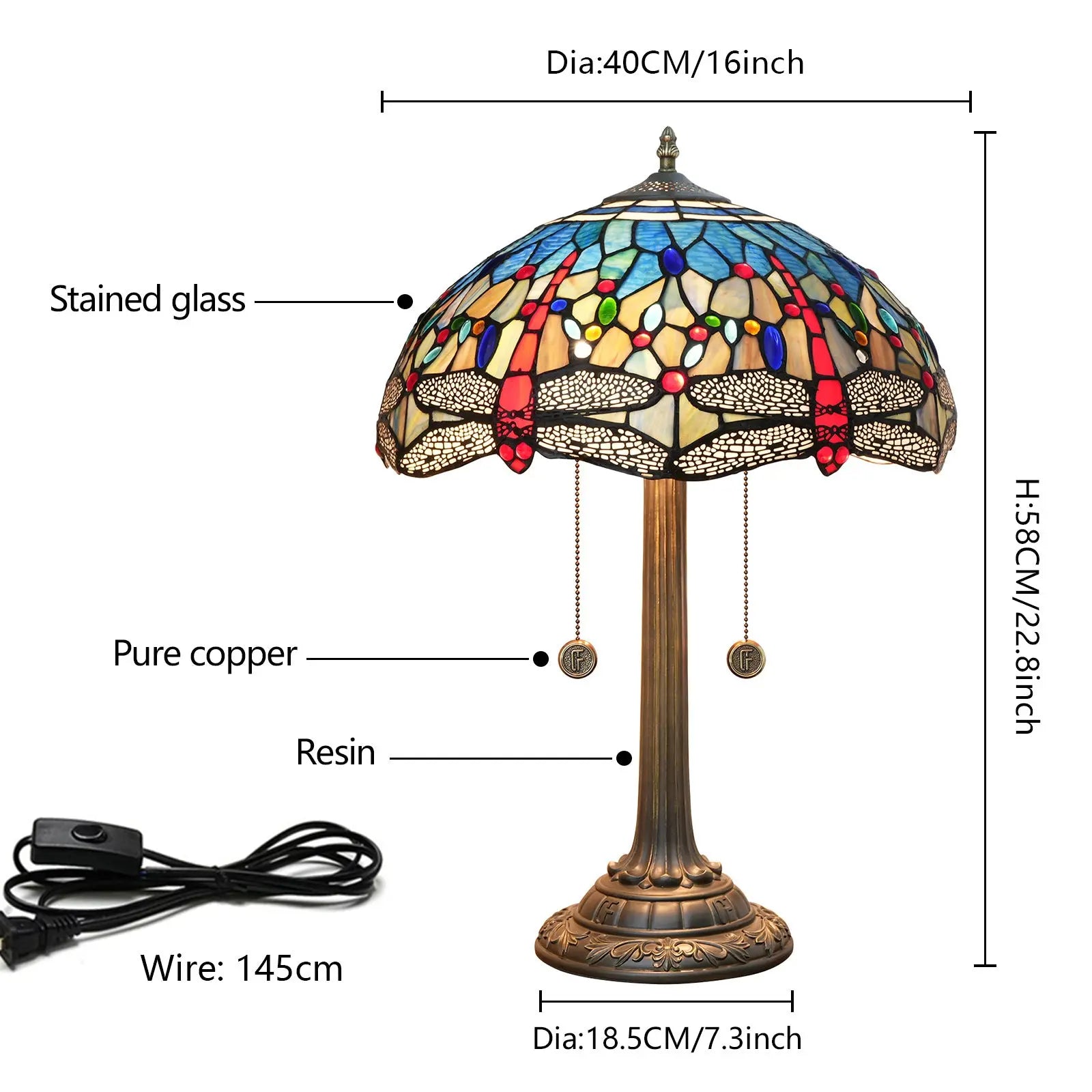 16inch Stained Glass Lampshade Blue Dragonfly Tiffany Lamp Vintage Desk Light - CTL