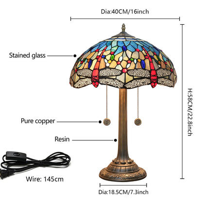 16inch Stained Glass Lampshade Blue Dragonfly Tiffany Lamp Vintage Desk Light - CTL