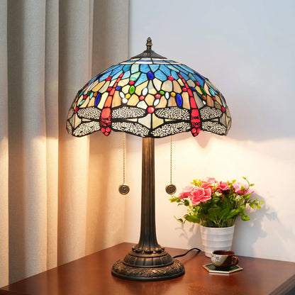 16inch Stained Glass Lampshade Blue Dragonfly Tiffany Lamp Vintage Desk Light - CTL