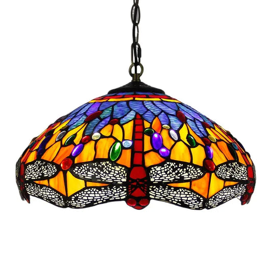 16inch Stained Glass Pastoral Blue Dragonfly Lampshade Vintage Tiffany Pendant Light - CTL