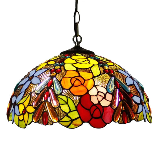 16inch Stained Glass Pastoral Rose Floral Lampshade Vintage Tiffany Pendant Light - CTL