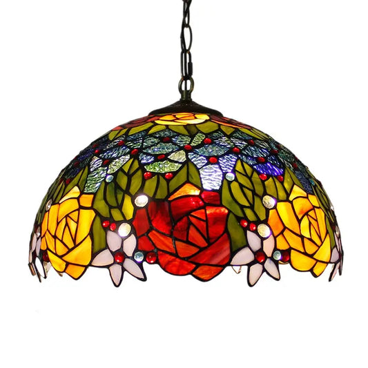 16inch Stained Glass Pastoral Rose Flower Lampshade Vintage Tiffany Pendant Light - CTL