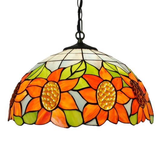16inch Stained Glass Pastoral Sunflower Floral Lampshade Vintage Tiffany Pendant Light - CTL