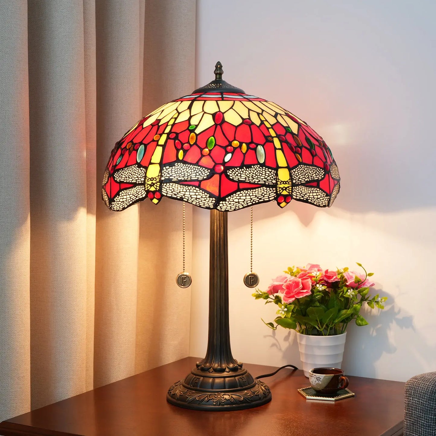 16inch Tiffany Dragonfly Stained Glass Lamp Red Lampshade Bedroom Desk Lamps - CTL