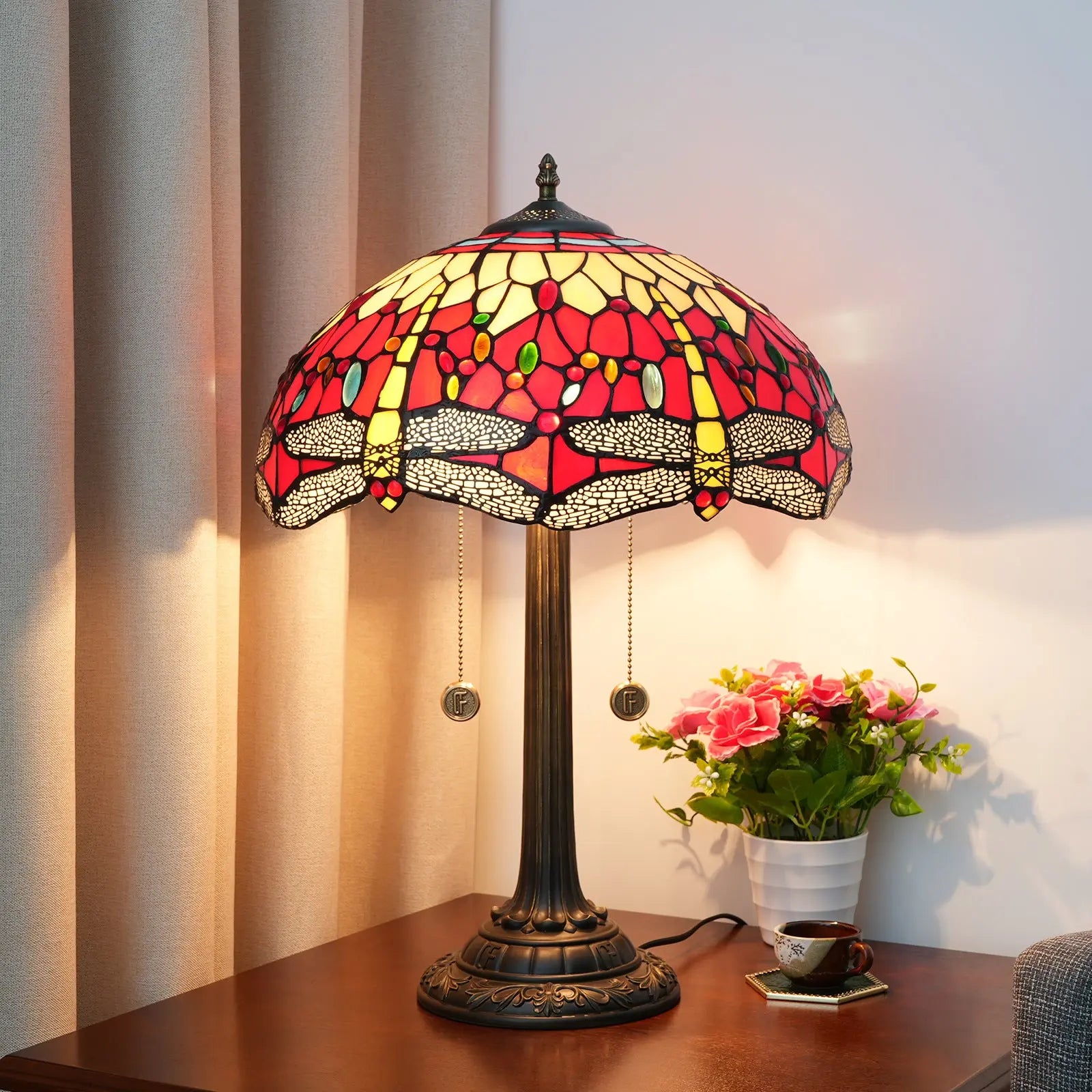 16inch Tiffany Dragonfly Stained Glass Lamp Red Lampshade Bedroom Desk Lamps - CTL