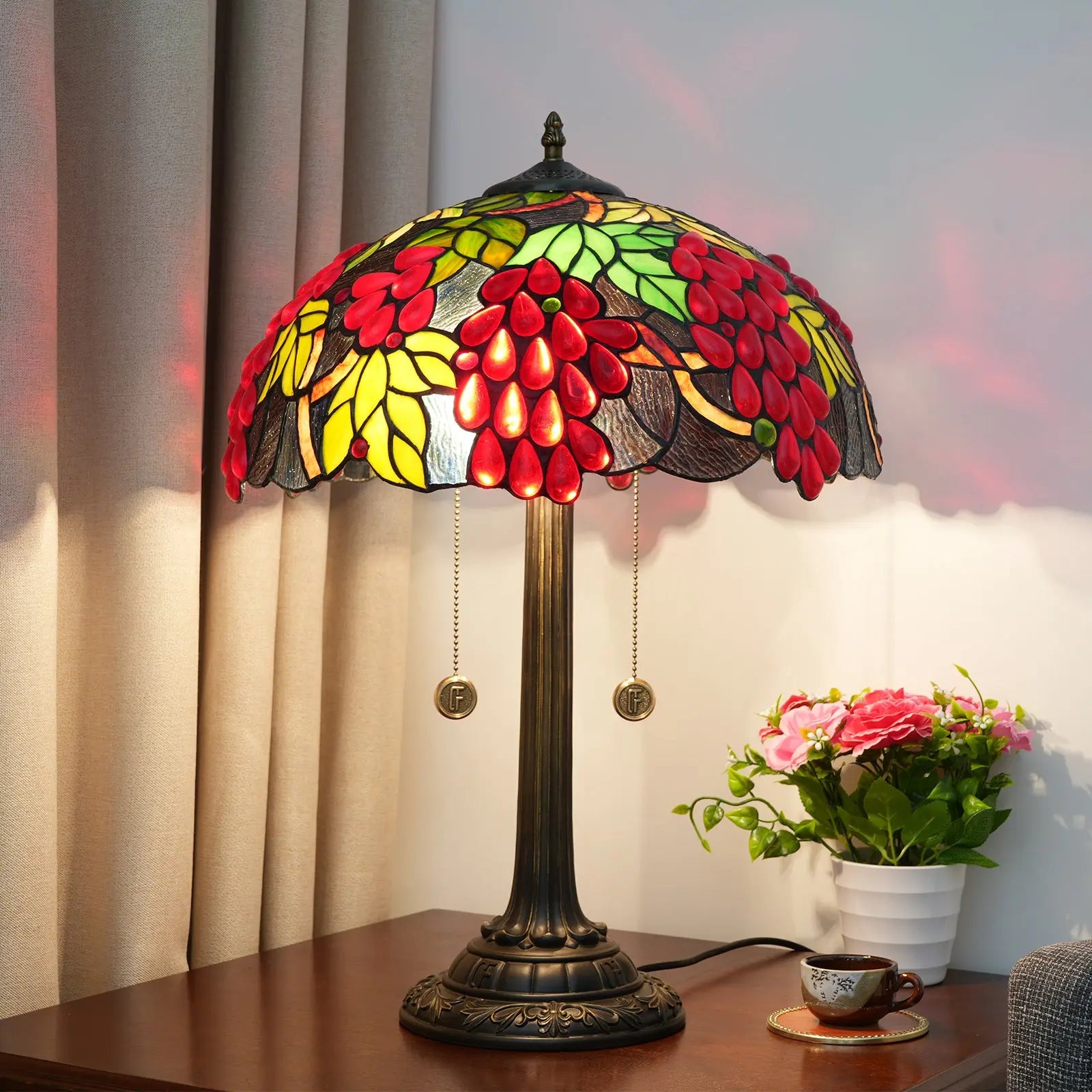 16inch Tiffany Stained Glass Harvest Grapes Lampshade Bar Vintage Table Lamp - CTL