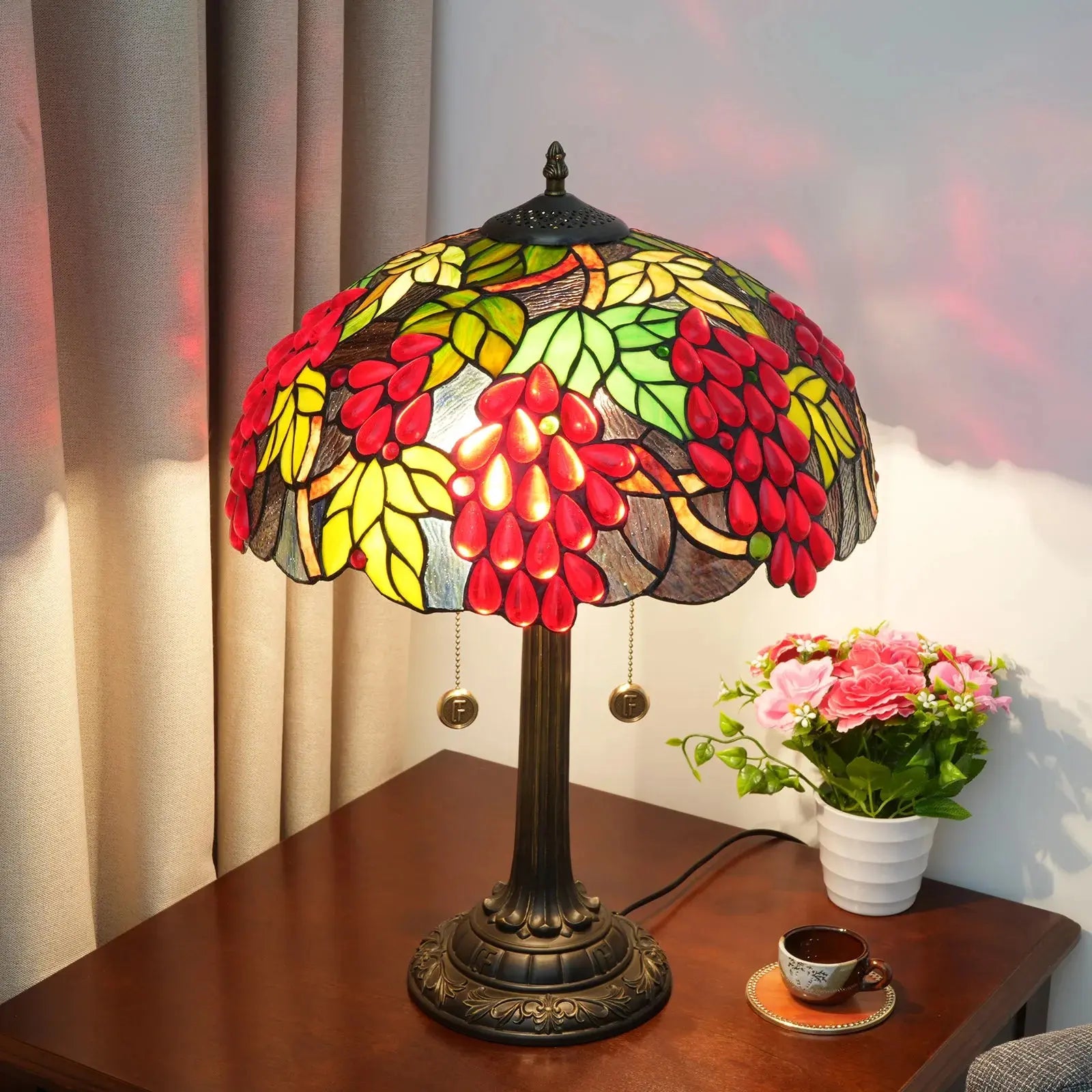 16inch Tiffany Stained Glass Harvest Grapes Lampshade Bar Vintage Table Lamp - CTL
