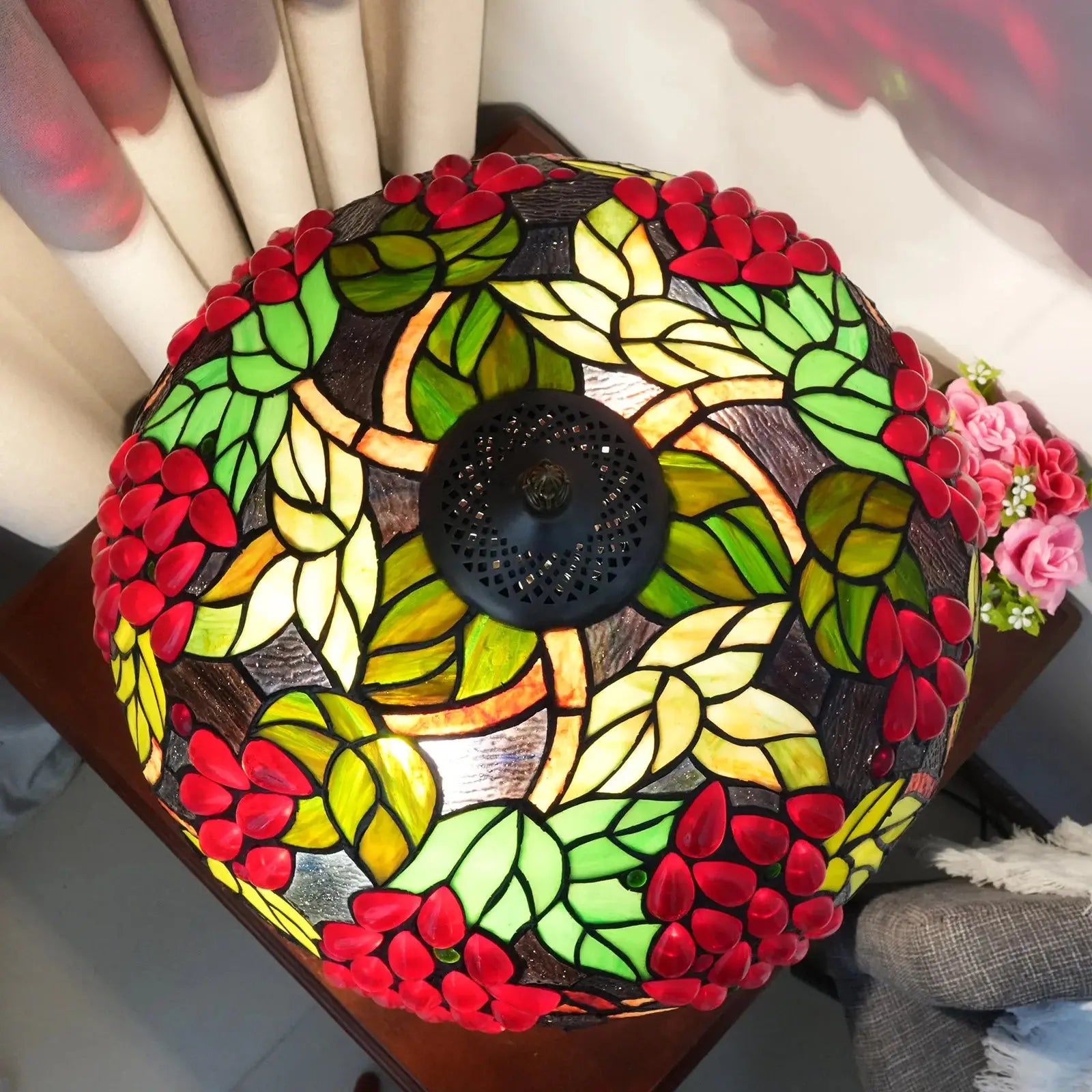 16inch Tiffany Stained Glass Harvest Grapes Lampshade Bar Vintage Table Lamp - CTL