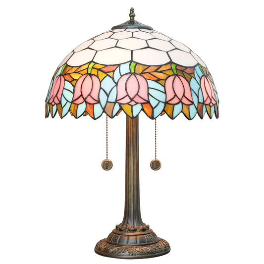 16inch Tiffany Stained Glass Pink Tulip Lampshade Vintage Bedroom Table Lamp - CTL