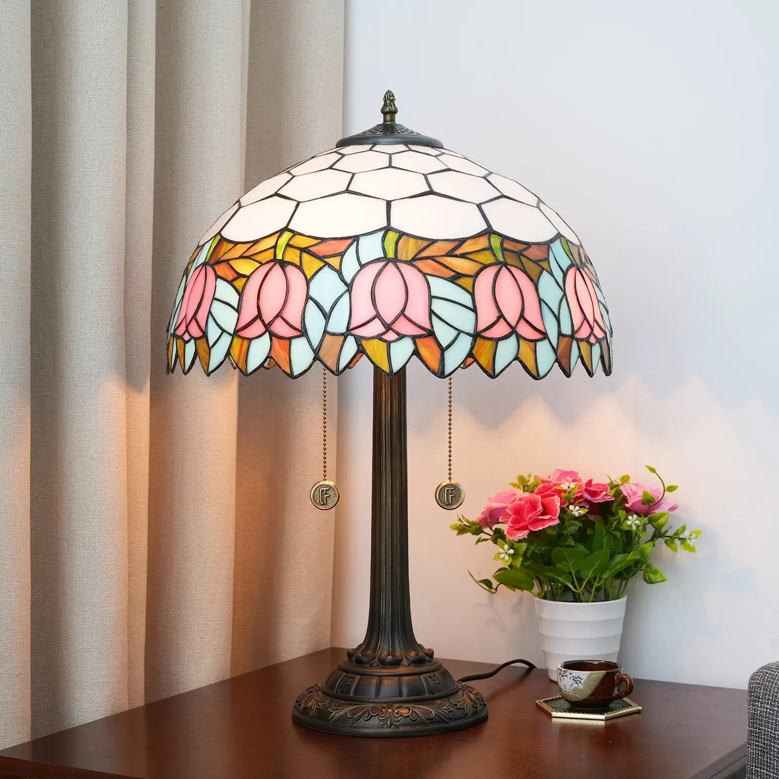 16inch Tiffany Stained Glass Pink Tulip Lampshade Vintage Bedroom Table Lamp - CTL