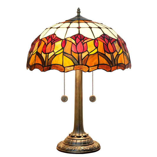 16inch Tiffany Stained Glass Red Tulip Lampshade Vintage Bar Bedroom Desk Lamp - CTL