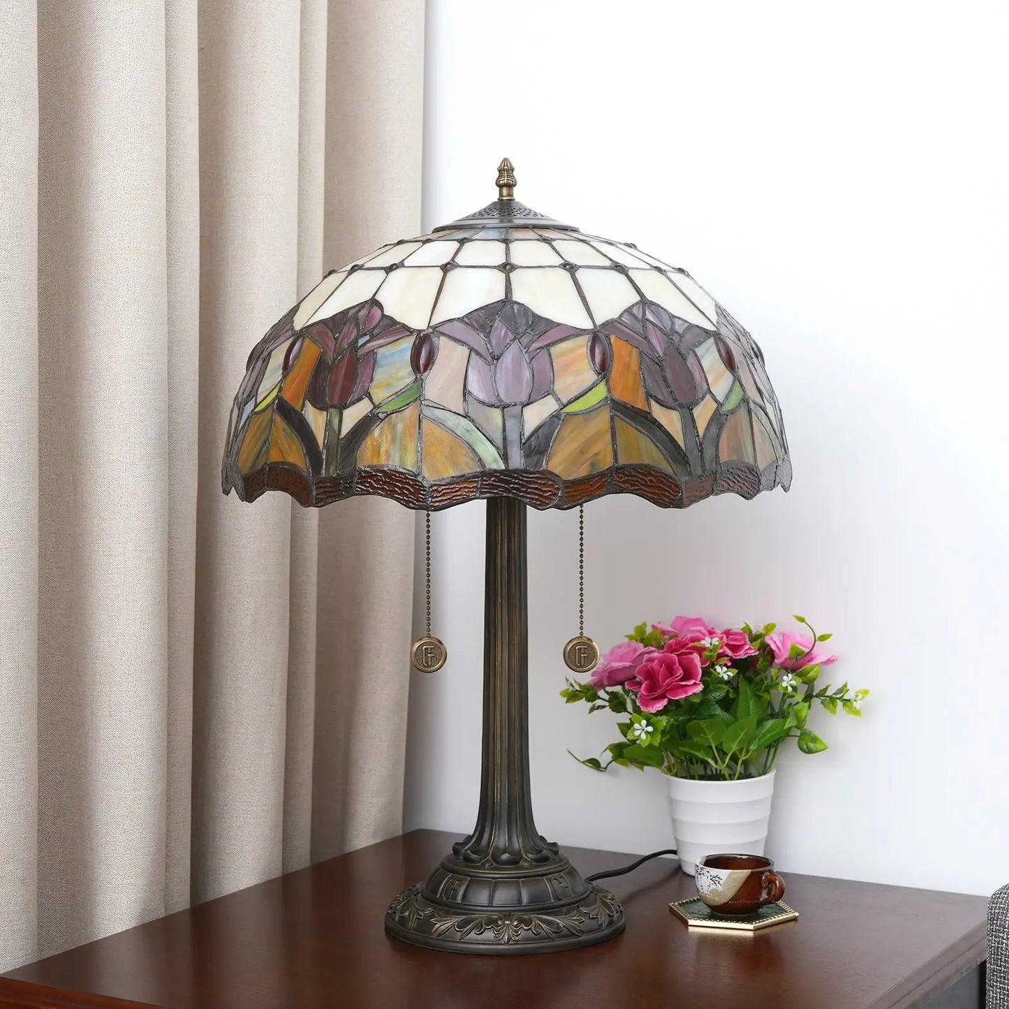 16inch Tiffany Stained Glass Red Tulip Lampshade Vintage Bar Bedroom Desk Lamp - CTL