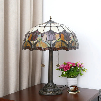 16inch Tiffany Stained Glass Red Tulip Lampshade Vintage Bar Bedroom Desk Lamp - CTL