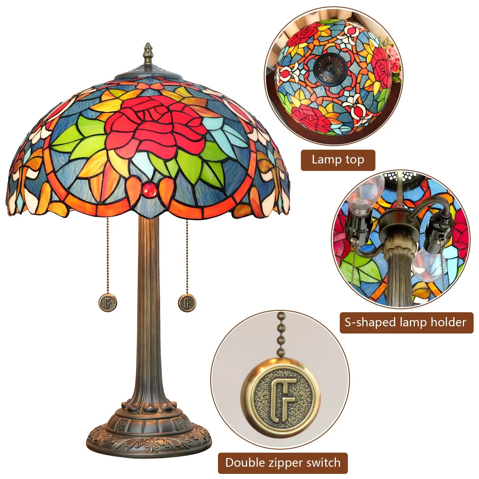 16inch Tiffany Stained Glass Romantic Rose Lampshade Bar Bedroom Desk Lamp - CTL